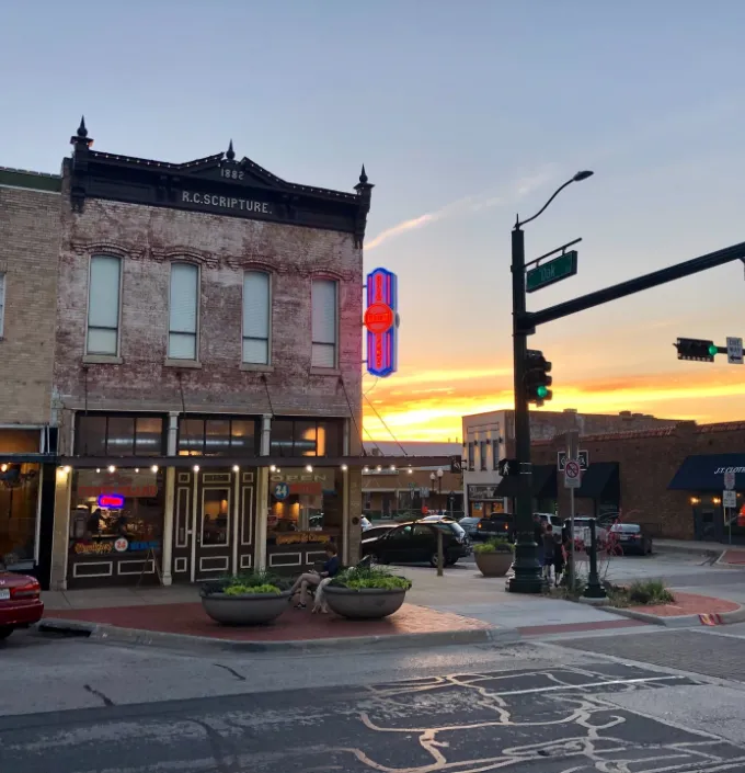 Brick buildings downtown in a small city.